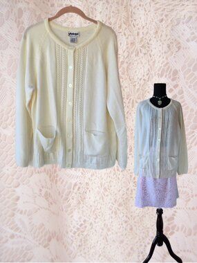 Pointelle Knit Button Front Sweater Vintage Style Cream Cardigan Coquette